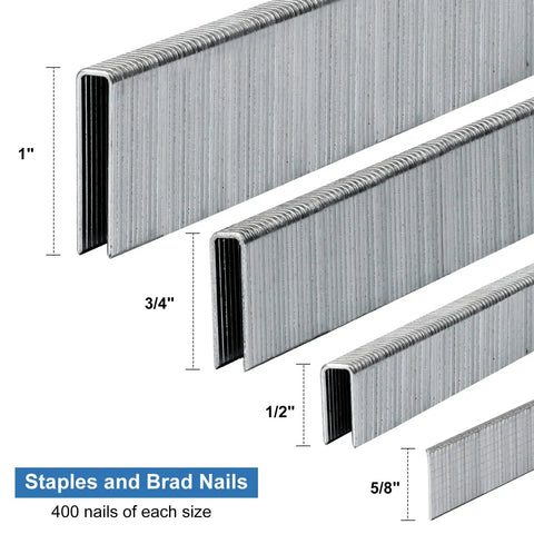18 Gauge Staples And Brad Nails Kit In Galvanized Finish showing 1 inch, 3/4, 1/2 inch staples and 5/8 inch nails