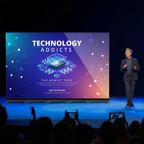 80 Inch Led Digital Signage Seamless Video Wall Featuring Plug And Play Wireless Remote Foldable Gob Panels Built Different Ready To Roll Straight Into Your Next Event Or Venue Showcase Black displayed at a tech presentation.