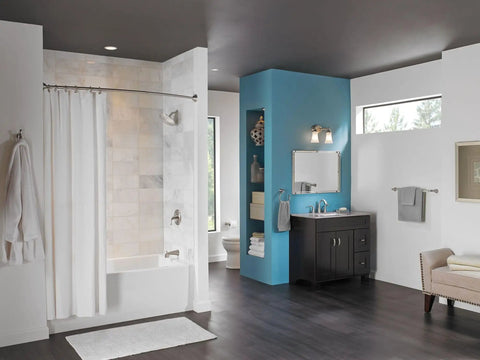 Bathroom with Eva 2 Light Dual Mount Bath Vanity Fixture With Frosted Glass In Brushed Nickel Finish above mirror