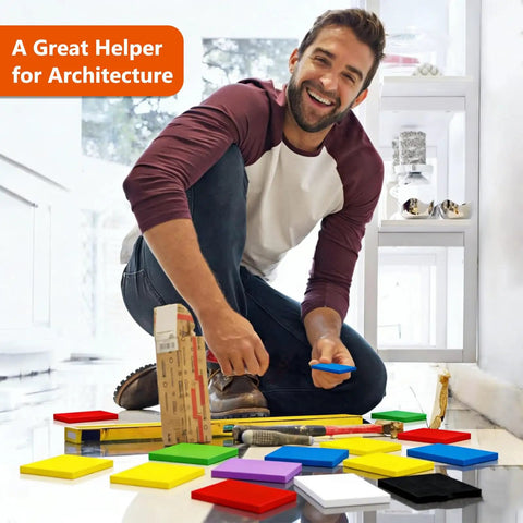 Slick Heavy Duty Foam Shims To Square Up Crooked Walls Quick, colorful foam shims used on a floor for wall leveling.