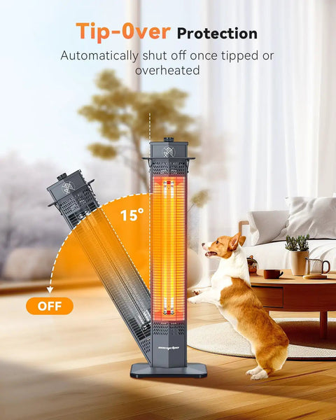 Go To Outdoor Infrared Patio Heater 1500W 36 Inch Tower with tip-over protection in a living room with dog watching.