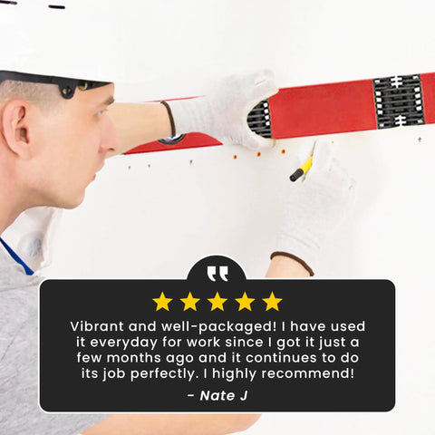 Man using foldable 28 inch pro grade level tool set with magnetic bubble level, ideal for carpenters, builders, and plumbers, red