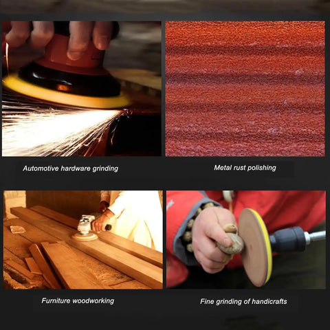 Check Out This Awesome 100 Pack Assorted Sanding Disc Set With Hook Loop Back For Super Fast Wet And Dry Grinding Polishing Plus Dust Removal Using High Grade SiC Grits Ranging From Rough 60 To Fine 1000 For All Your Wood Metal Projects showing automotive metal grinding, rust polishing, furniture sanding, and fine handicraft work.