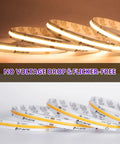 Coiled Warm White 3000K COB LED Strip Light 16.4ft High Density 2560 LEDs 24V Tape for DIY Install, glowing and non-glowing sections, CRI 90+