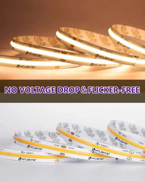 Coiled Warm White 3000K COB LED Strip Light 16.4ft High Density 2560 LEDs 24V Tape for DIY Install, glowing and non-glowing sections, CRI 90+