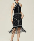 Woman wearing Glam Gatsby Era Flapper Dress For Women With Sequin Fringe And Halter Neck Sleeveless Knee Length Backless Party Dress In Black