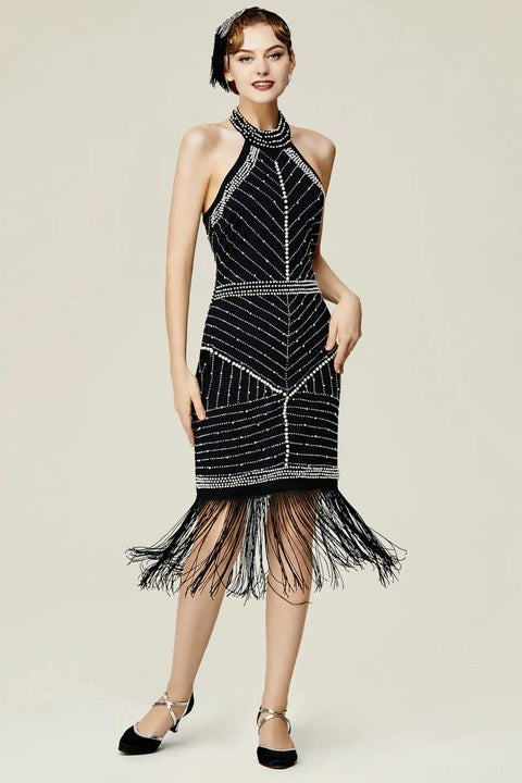 Woman wearing Glam Gatsby Era Flapper Dress For Women With Sequin Fringe And Halter Neck Sleeveless Knee Length Backless Party Dress In Black