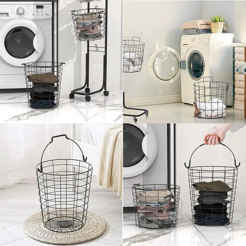 Four images of a Three-Tier Laundry Cart On Wheels With Heavy-Duty Wire Baskets, showcasing baskets in a home laundry setting.