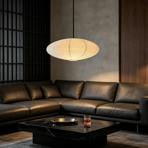20 Inch Oval Paper Lantern Pendant Light White Rice Paper Ceiling Lamp Japanese Style Diffused Glow Fixture in living room above leather sofa