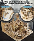 Close-up of 1102-piece 0.55 Inch Mechanical Marble Run Model And 3D Wooden Puzzle With Electric Motor For Adults showing gears and switches.
