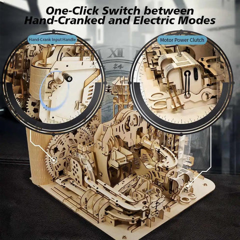 Close-up of 1102-piece 0.55 Inch Mechanical Marble Run Model And 3D Wooden Puzzle With Electric Motor For Adults showing gears and switches.