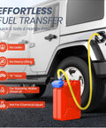 Nitigo fuel transfer pump with 72-inch yellow hose and blue control head beside a red fuel can near a white truck