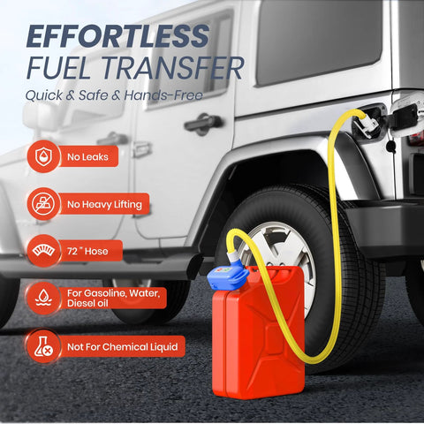 Nitigo fuel transfer pump with 72-inch yellow hose and blue control head beside a red fuel can near a white truck