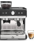 Premium Espresso Machine With Built In Grinder And Silky Milk Frother For Homemade Cafe Favorites featuring coffee beans and cup.