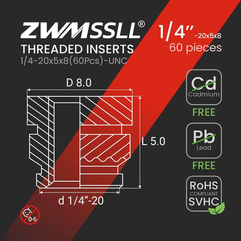 Diagram of 1/4-20 Heat Set Threaded Inserts For 3D Printing, 60 Pieces Brass Knurled Nuts, 1/4-20x5x8 Heat Set Inserts For Plastic Parts