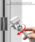 Close-up of Adjustable Stainless Steel Door Hinge Tool Quick Fix for Indoor and Outdoor Doors in use on door hinge