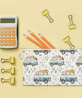 Slim Canvas Coin Purse And Card Holder For RV Lovers And Camp Buddies next to calculator with pencils inside