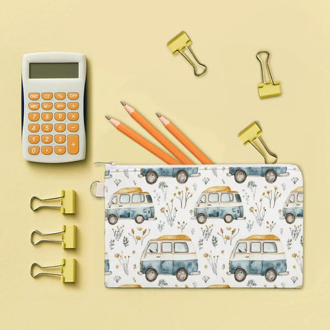 Slim Canvas Coin Purse And Card Holder For RV Lovers And Camp Buddies next to calculator with pencils inside