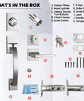 Components of Modish Satin Nickel Front Door Entry Handleset With Deadbolt and Keyed Entry for US standard doors.