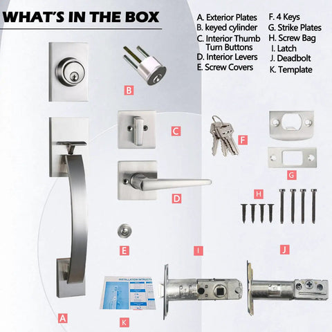 Components of Modish Satin Nickel Front Door Entry Handleset With Deadbolt and Keyed Entry for US standard doors.