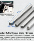 Top Shelf 5 Piece 4x4mm Alloy Steel Lathe Cutter Set For Mini Lathes showing square shank dimensions and installation details.