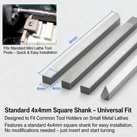 Top Shelf 5 Piece 4x4mm Alloy Steel Lathe Cutter Set For Mini Lathes showing square shank dimensions and installation details.
