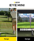 Eye Mini Golf Launch Monitor And Indoor Outdoor Simulator With 19 Precision Metrics, Near Zero Latency, Sunlight Readable Display in use at golf range and garage.