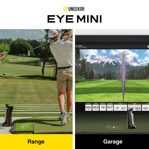 Eye Mini Golf Launch Monitor And Indoor Outdoor Simulator With 19 Precision Metrics, Near Zero Latency, Sunlight Readable Display in use at golf range and garage.
