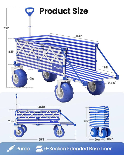 Heavy Duty Beach Wagon With 9 Inch Balloon Wheels And Tailgate Foldable Sand Cart dimensions and folded view