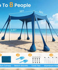 Spacious 10x10 Beach Tent With UPF 50 Sun Shelter Windproof Frame set up on sandy beach with blue sky and included accessories below.