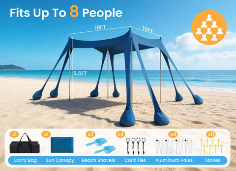 Spacious 10x10 Beach Tent With UPF 50 Sun Shelter Windproof Frame set up on sandy beach with blue sky and included accessories below.