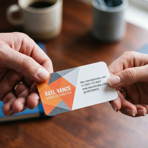 Two hands exchanging a professional card with contact details, showcasing a design using Top Shelf Blank PVC Cards CR80 Size White Plastic.
