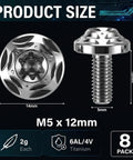 Dope Build Grade Five Titanium Bottle Cage Bolts M5 By 12 Millimeter T25 Torx showing size and features, lightweight 8 pack titanium screws.