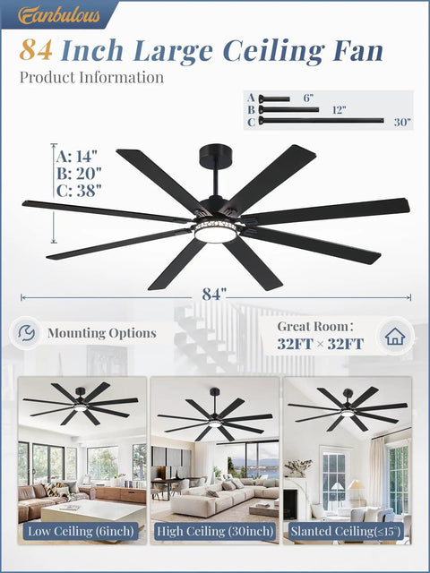 84 Inch Farmhouse Ceiling Fan With Light For Indoor Outdoor Use Waterproof Dimmable LED, 8 blades, dual finish, mounted images