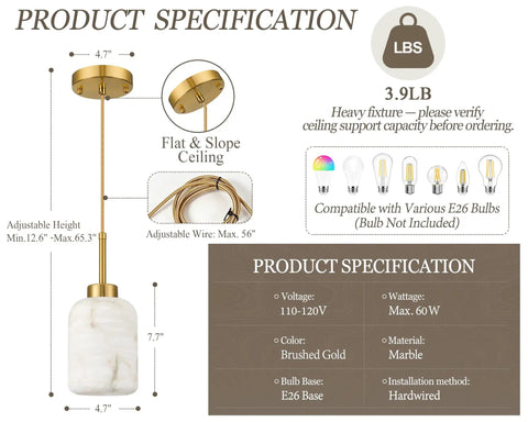 Karjearl Alabaster Pendant Lights Kitchen Island, Modern Gold Hanging Light with brushed gold and alabaster finish.