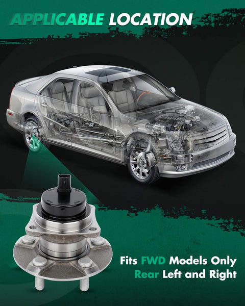 Two Rear Wheel Bearing And Hub Assembly Set For 2003 To 2008 Pontiac Vibe Toyota Corolla And Matrix And 2004 To 2009 Prius With ABS 5 Lug Pattern Plug And Play Fit OEM Style Replacement 512217 shown with FWD vehicle diagram