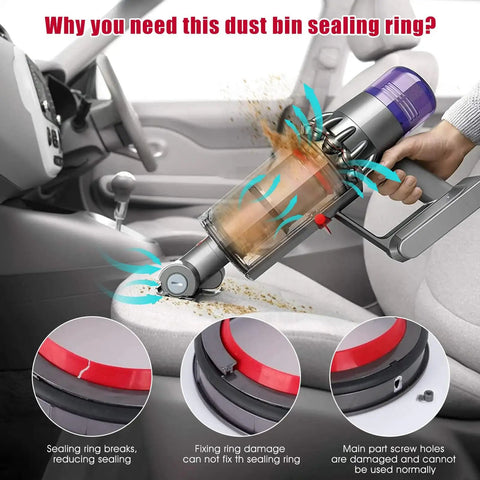 Top Fixed Sealing Ring Replacement For Dyson V11 SV14 SV15 V15 SV22 Vacuum in use on car seat, showing sealing importance.