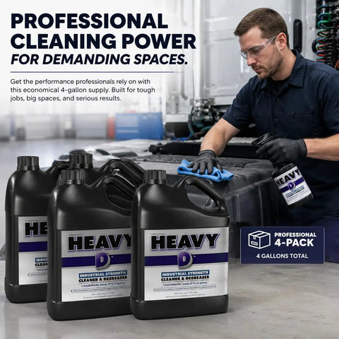 Heavy Duty Industrial Degreaser Concentrate, 4 gallons, used for cleaning engine grime in mechanic garage cleanups.