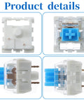 Blue Clicky 3 Pin Mechanical Keyboard Switches Set For Gaming Keyboards, Dustproof 45 Pack, 50gf Actuation, 2.2mm Point, 4mm Travel, Crisp Tactile Feedback, Replacement Keys For Fast Typing And Gaming; transparent blue switch close-up