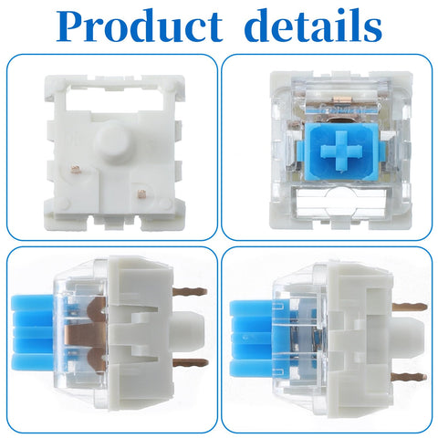 Blue Clicky 3 Pin Mechanical Keyboard Switches Set For Gaming Keyboards, Dustproof 45 Pack, 50gf Actuation, 2.2mm Point, 4mm Travel, Crisp Tactile Feedback, Replacement Keys For Fast Typing And Gaming; transparent blue switch close-up