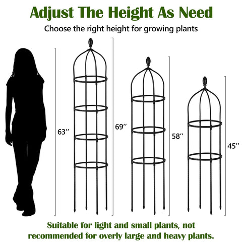 Diagram of 45, 58, 63, and 69 inch Built Tough Obelisk Trellis for Climbing Plants Outdoor, next to silhouette for scale.