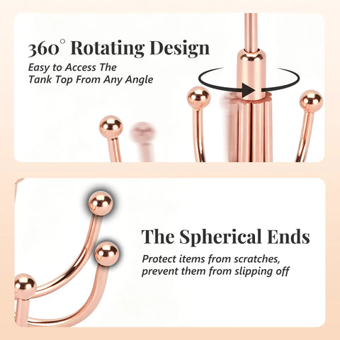 Rotating Rose Gold Closet Hangers For Bras Tanks Belt Ties 360 Degree Swivel Hook with spherical ends for secure item storage.