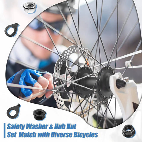 Mechanic installing 48 Piece Bike Nuts And Safety Washers Kit With M8 M9.5 M10 Sizes on bicycle wheel hub with gloves.