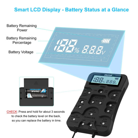 Battery Health Tester For AA AAA C D 9V And More Universal Battery Checker For 12 Types Of Batteries Household Batteries Status Readout Easy To Use Includes Welcome Guide And Lifetime Customer Support, black LCD tester with battery level display