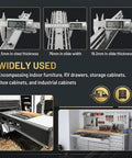 Beefy Heavy Duty 500 Lb Locking Drawer Slides With Full Extension Runners, Industrial Grade Steel Sliding Hardware For Tool Cabinets And Truck Bed Setups, Rugged Drawers That Glide Smoothly And Lock Tight For Hardcore Use. 2.5mm steel, 76mm width