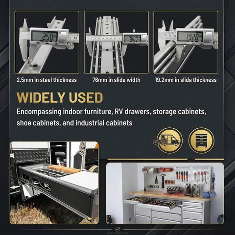 Beefy Heavy Duty 500 Lb Locking Drawer Slides With Full Extension Runners, Industrial Grade Steel Sliding Hardware For Tool Cabinets And Truck Bed Setups, Rugged Drawers That Glide Smoothly And Lock Tight For Hardcore Use. 2.5mm steel, 76mm width