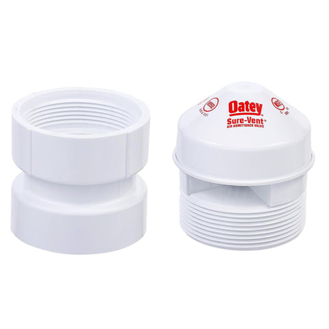 Oatey Sure-Vent DFU air admittance valve with white PVC adapter, two white fittings