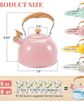 Pink Stainless Steel Tea Kettle For Stove Top 2.6 Qt Whistling Kettle With Wood Pattern Folding Handle And Thumb Control Spout