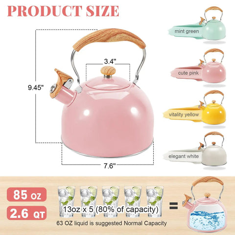 Pink Stainless Steel Tea Kettle For Stove Top 2.6 Qt Whistling Kettle With Wood Pattern Folding Handle And Thumb Control Spout