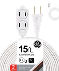 15-ft GE extension cord with three outlets, 2-pack, UL listed, white color, twist to close safety covers, indoor home office use.